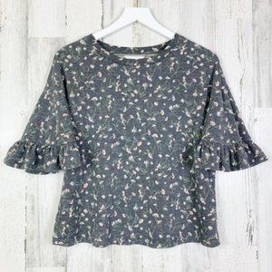 Lauren Conrad Grey Floral Ruffle Sleeve Blouse